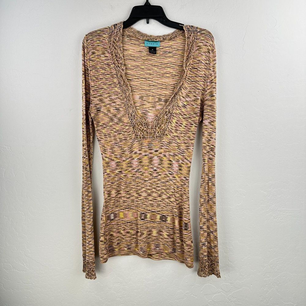 Stacia Top Womens Blouse Medium Pink Orange Abstract Knit Deep VNeck Long Sleeve